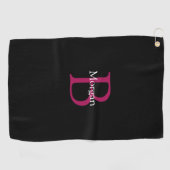 Serviette De Golf Nom et monogramme sur fond noir (Horizontal)