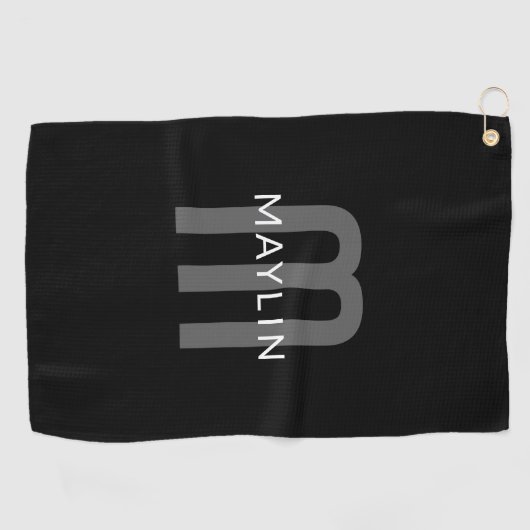 Serviette De Golf Nom Monogramme d'apparence moderne | Noir gris bla (Horizontal)