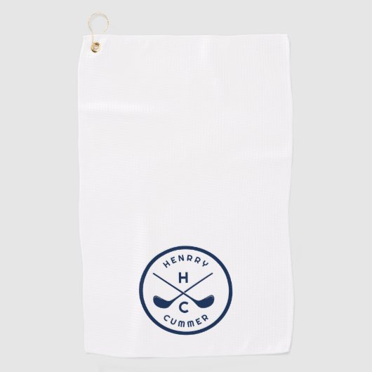 Serviette De Golf Nom personnalisé Golf Clubs, Blanc et Bleu (Devant)