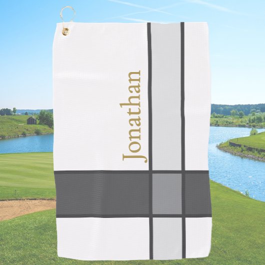 Serviette De Golf Nom personnalisé moderne blanc gris et or minimali