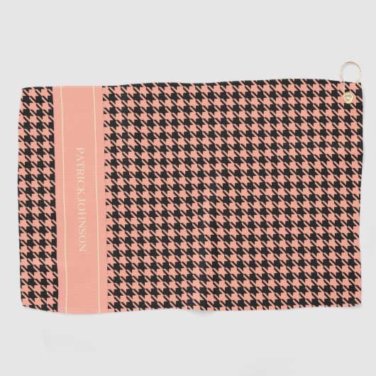 Serviette De Golf Nom personnalisé Monogram Peach Houndstooth (Horizontal)