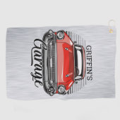Serviette De Golf NOM personnalisé Retro Red Classic Car Garage (Horizontal)