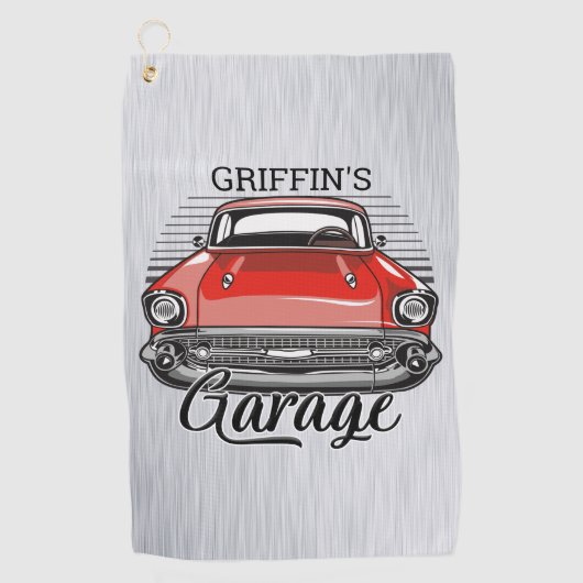 Serviette De Golf NOM personnalisé Retro Red Classic Car Garage (Devant)