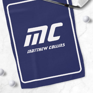 Serviette De Golf Nom Simple Blanc Minimaliste Monogramme Bleu Moder