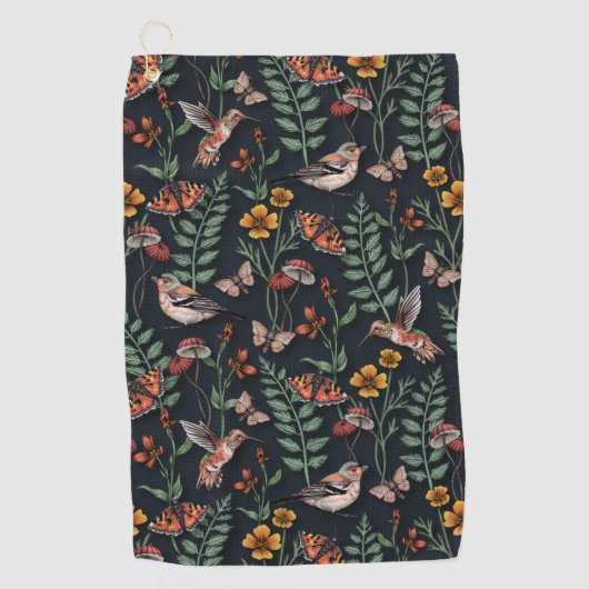 Serviette De Golf Oiseaux du jardin foncé et papillons (Devant)