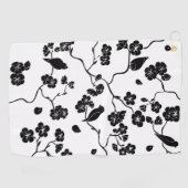 Serviette De Golf Oiseaux Motifs noirs et blancs sur les fleurs de c (Horizontal)