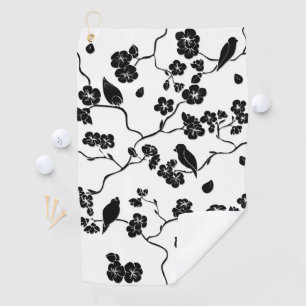 Serviette De Golf Oiseaux Motifs noirs et blancs sur les fleurs de c