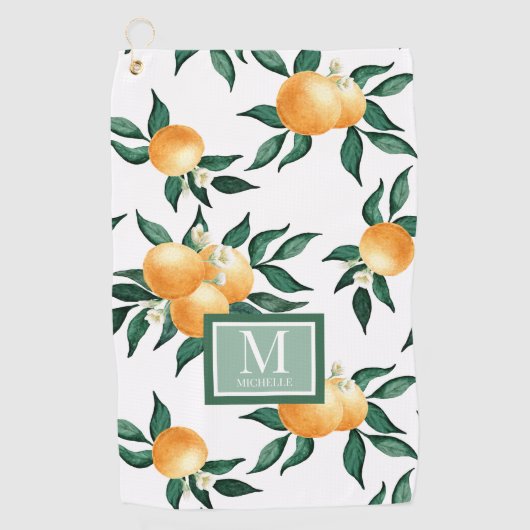 Serviette De Golf Orange Citrus Watercolor Monogram Name (Devant)