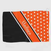 Serviette De Golf Orange Polka Dot Black Diagonal Script Name (Horizontal)