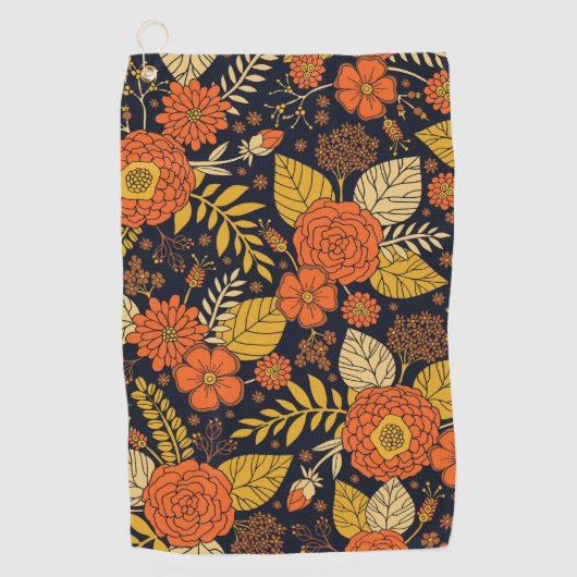 Serviette De Golf Orange rétro, Jaune & Marine Floral  (Devant)