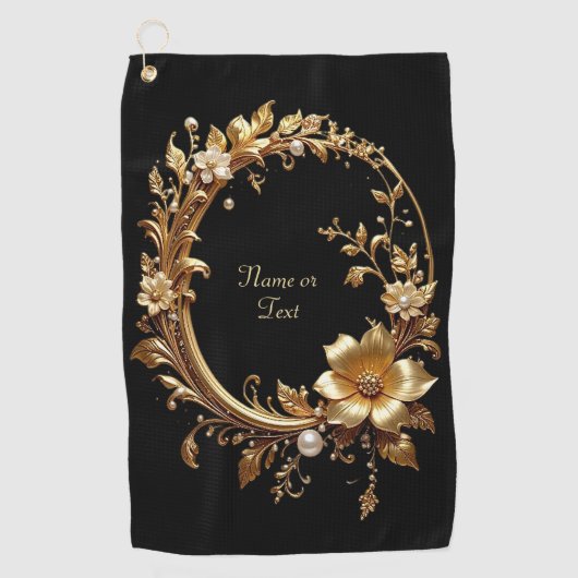 Serviette de golf ornée de fleurs dorées (Devant)