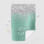 Serviette De Golf Pailleté de Teal Clair Monogrammé Argenté (En situation)