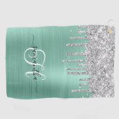 Serviette De Golf Pailleté de Teal Clair Monogrammé Argenté (Horizontal)