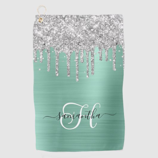 Serviette De Golf Pailleté de Teal Clair Monogrammé Argenté (Devant)