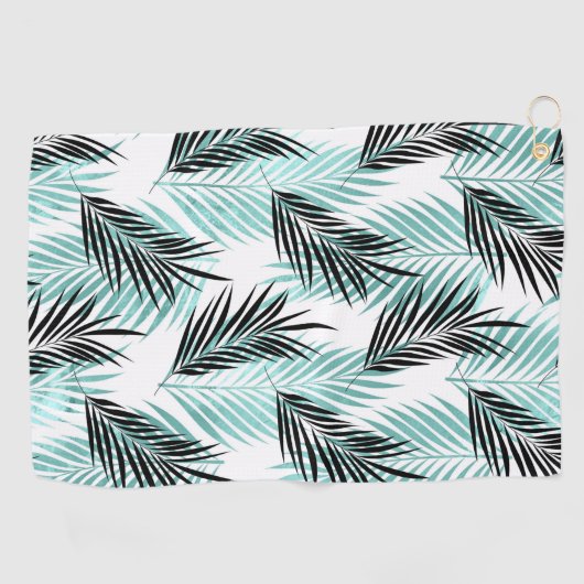 Serviette De Golf Palm Feuilles Tropical Tree noir turquoise et bril (Horizontal)
