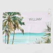 Serviette De Golf Palmier tropical Monogramme Plage Bleue Feuille (Horizontal)