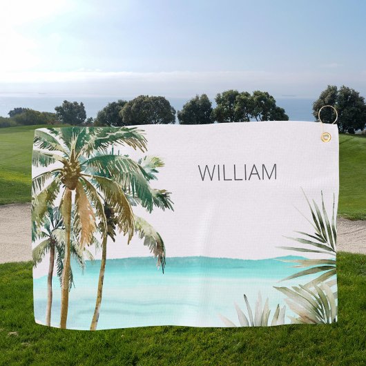 Serviette De Golf Palmier tropical Monogramme Plage Bleue Feuille