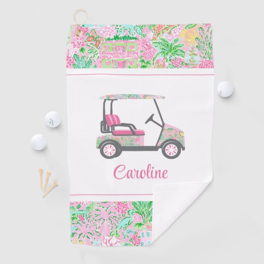 Serviette De Golf Panier de golf Pink & Green Palm Beach personnalis (En situation)