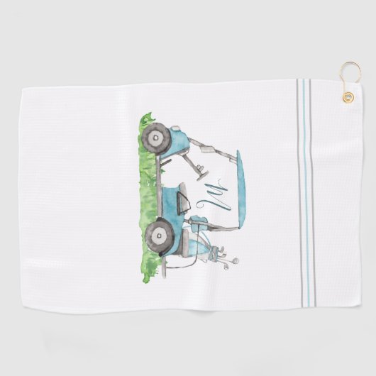 Serviette De Golf Panier de golf unique bleu Monogramme Aquarelle (Horizontal)
