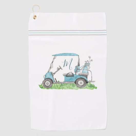 Serviette De Golf Panier de golf unique bleu Monogramme Aquarelle (Devant)