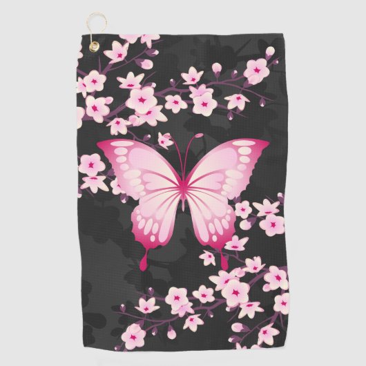 Serviette De Golf Papillon Noir Rose Et Fleurs De Cerisiers (Devant)