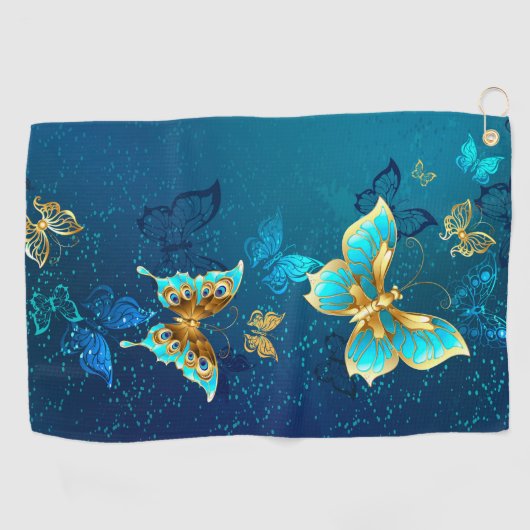 Serviette De Golf Papillons d'or sur un Arrière - plan bleu (Horizontal)