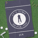 Serviette De Golf Par Tee Golfer Funny Humour Monogram Blue Pour Lui<br><div class="desc">Le design personnalisé amusant présente une silhouette de golfeur masculin en bleu foncé classique, sur une forme blanche bordée de texte courbe "It's Time To Par Tee!" en police blanche et nette. Vous trouverez également un modèle moderne pour un nom monogrammé, des initiales ou du texte personnalisé. L'arrière - plan...</div>