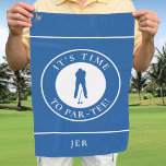 Serviette De Golf Par Tee Golfer Funny Humour Monogramme pour lui Bl<br><div class="desc">Le design personnalisé amusant présente une silhouette de golfeur mâle en bleu royal sur une forme blanche bordée d'un texte courbe "It's Time To Par Tee!" en police blanche. Vous trouverez également un modèle moderne pour un nom monogrammé, des initiales ou du texte personnalisé. L'arrière - plan est bleu foncé....</div>