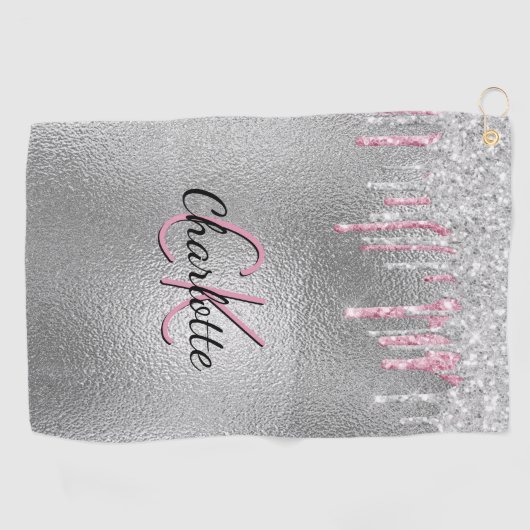 Serviette De Golf Parties scintillant argent goutte métal rose perso (Horizontal)