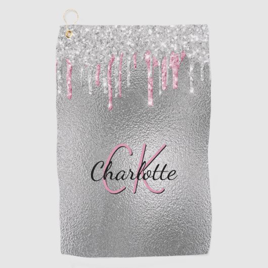 Serviette De Golf Parties scintillant argent goutte métal rose perso (Devant)