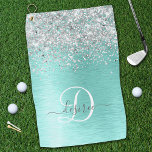 Serviette De Golf Parties scintillant argentée turquoise en métal br<br><div class="desc">Personnalisez facilement ce design chic et branché de serviettes de golf avec une jolie parties scintillant en faux argent brillant sur un arrière - plan métallique brossé turquoise.</div>
