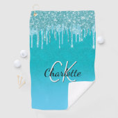 Serviette De Golf parties scintillant bleu turquoise gouttes monogra (En situation)