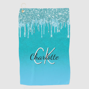 Serviette De Golf parties scintillant bleu turquoise gouttes monogra