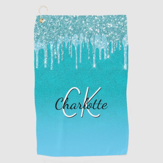 Serviette De Golf parties scintillant bleu turquoise gouttes monogra (Devant)