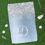 Serviette De Golf Parties scintillant en argent brossé bleu Nom du m<br><div class="desc">Personnalisez facilement ce design chic et branché de serviettes de golf avec une jolie parties scintillant brillante en argent sur un arrière - plan métallique brossé bleu.</div>