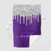 Serviette De Golf Parties scintillant royale violet d'argent monogra (En situation)