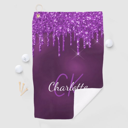 Serviette De Golf Parties scintillant violet gouttes monogramme nom (En situation)