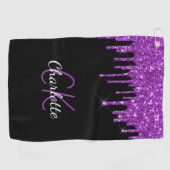Serviette De Golf Parties scintillant violet noir gouttes nom monogr (Horizontal)