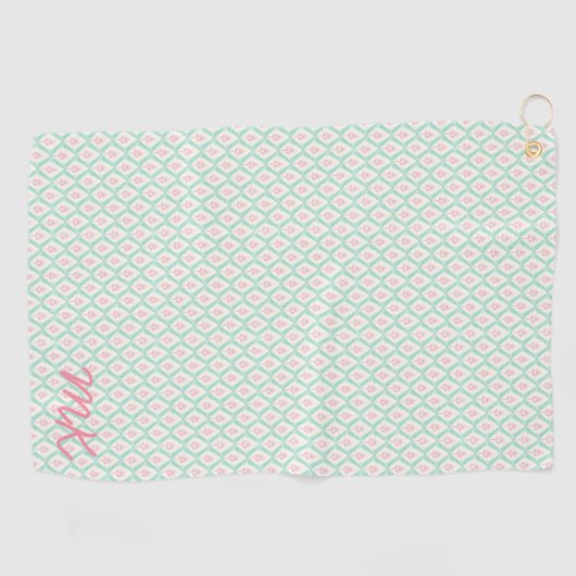 Serviette De Golf Pastel Girly Vert & Motif Rose Avec Initiales (Horizontal)