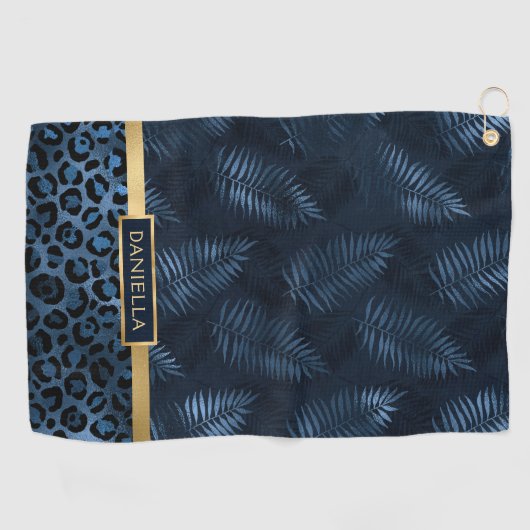 Serviette De Golf Personalized Blue Leopard Print Tropical Floral (Horizontal)