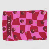 Serviette De Golf Personalized Cherry Gingham Retro Custom Name (Horizontal)