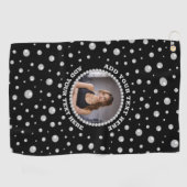 Serviette De Golf Personalized Photo with Pearls Circle on Black (Horizontal)
