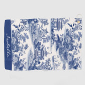 Serviette De Golf Personnalisé Chinoiserie Motif Pagode Bleu Blanc (Horizontal)