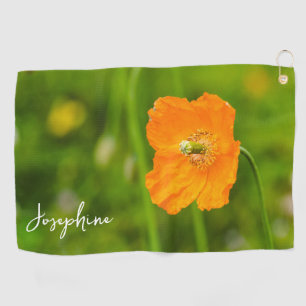 Serviette De Golf Photo de fleur de pavot orange sur fond vert avec