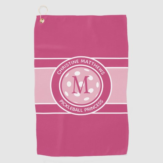 Serviette De Golf Pickleball Funky Custom Citation Nom initial rose (Devant)