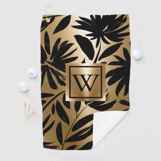 Serviette De Golf Pinceau Floral noir et or (En situation)