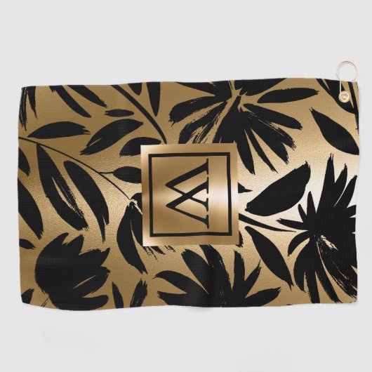 Serviette De Golf Pinceau Floral noir et or (Horizontal)