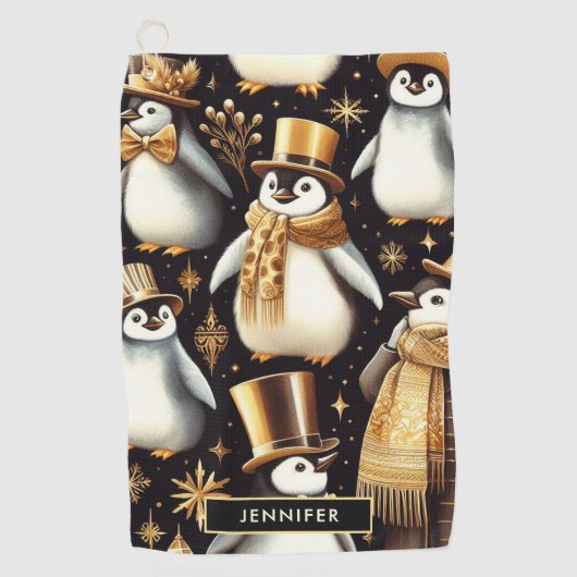 Serviette De Golf Pingouin noir et doré (Devant)