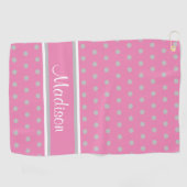 Serviette De Golf Pink Grey Polka Dot Stripes Nom du script (Horizontal)