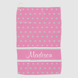 Serviette De Golf Pink Grey Polka Dot Stripes Nom du script